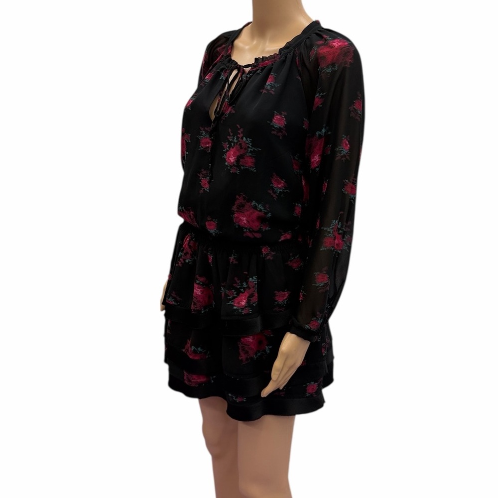 Sam Edelman Floral Chiffon Tiered Mini Dress Black Pink Womens Medium - Picture 5 of 9